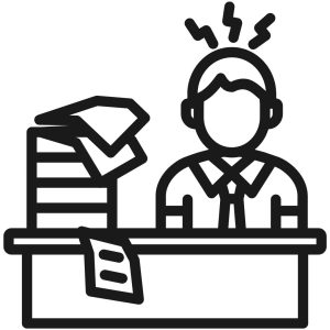 image of a graphic of a person at a desk with lightening bolts coming out of their head and a large stack of work beside them to show Remote Sales: Managing Productivity with Discretionary Work